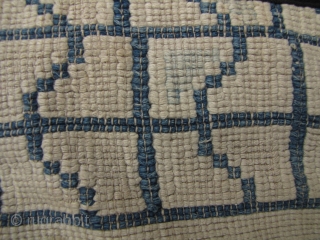 Antique cotton blanket section, from the Chinese Tujia minority, circa late 19th/early20th century. All hand spun threads with heavy weave and undyed white background and two shades of indigo geometric pattern. No  ...