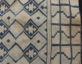 Antique cotton blanket section, from the Chinese Tujia minority, circa late 19th/early20th century. All hand spun threads with heavy weave and undyed white background and two shades of indigo geometric pattern. No  ...