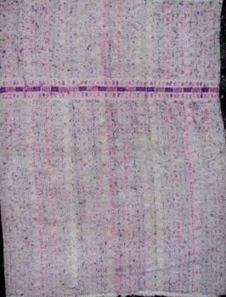 Old three paneled wedding bed cover from the Zhuang ethnic group Southern China- silk floss weft embroidered pattern on hand woven cotton field. Good condition- some minor loss to corner edge. L:  ...