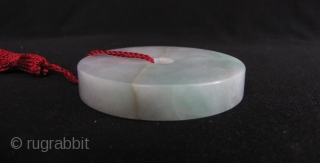 Chinese Jadeite Bi: Nice heavy Jadeite Bi with subtle green and lavender highlights. There is a big crack running all the way through otherwise this piece would retail $300/$400 here in Hong  ...