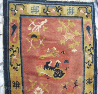 Ningxia Carpet: Good circa late 19th/early 20th ce, Ningxia Tibetan Buddhist temple runner with two playful female “foo dogs” and pup, medallions, representing the nurturing aspect of the Yin principle, against an  ...