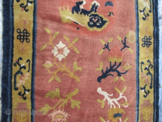 Ningxia Carpet: Good circa late 19th/early 20th ce, Ningxia Tibetan Buddhist temple runner with two playful female “foo dogs” and pup, medallions, representing the nurturing aspect of the Yin principle, against an  ...