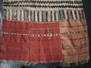 Rare and unusual 3 paneled piled blanket from the Rawang ethnic group in the Kachin State, Burma. The ground is woven from hemp (possibly nettle fiber), the reddish head ends are dog  ...