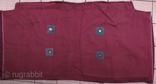 Early 20th century Tibetan saddle rug with traditional maroon colored border and backing. I bought this in Zhongdian (aka Shangri-la, Yunnan), over 20 years ago. Some worn areas (please note enlargements) and  ...
