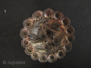 Happy Buddhas: Set of Qing Dynasty silver repoussé Chinese child’s hat ornaments. Very sweet little collection of 5 Budai and a lions face. Budai H: 2.9cm/1.1in and W: 2cm/0.8in and lion face  ...