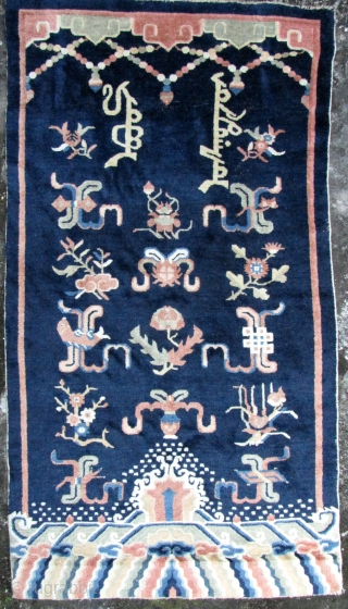 ery fine, Ningxia Buddhist wall carpet, from a Tibetan monastery, circa late Qing Dynasty. Constructed with a supple cotton warp and weft- the pile is very smooth (like silk). The design consists  ...