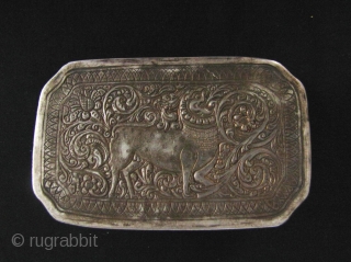 Sri Lankan: Very fine 19th century repoussé and deeply chased Ceylonese sterling silver quality jewelry box in classic Kandyan style with floral scrolls, “Hathsa” Sacred Buddhist Goose and Sinhalese lion images. Excellent  ...