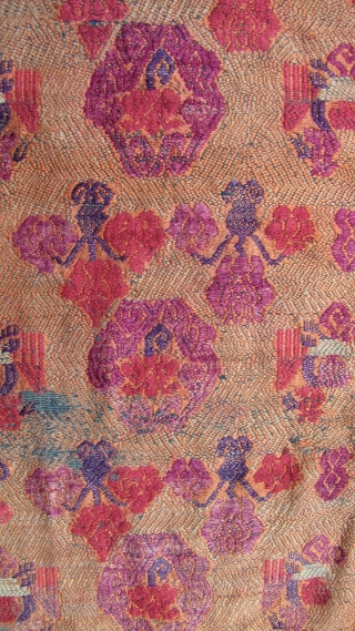 Mulao Wedding Blanket: Fine old silk brocade supplementary weft embroidered on cotton backing from the Mulao ethnic group, Guizhou, China- circa early 20th CE with phoenix and floral pattern. L: 109cm/42in and  ...