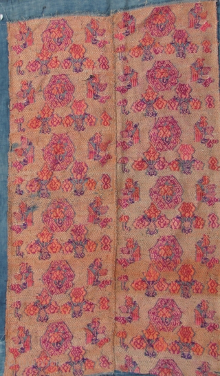 Mulao Wedding Blanket: Fine old silk brocade supplementary weft embroidered on cotton backing from the Mulao ethnic group, Guizhou, China- circa early 20th CE with phoenix and floral pattern. L: 109cm/42in and  ...