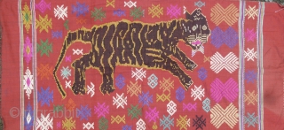 Lao Tiger Embroidery: Good silk textile with tiger embroidery- all the threads are silk except the black. This was acquired in 1991 and has been sitting in a box ever since. W:  ...