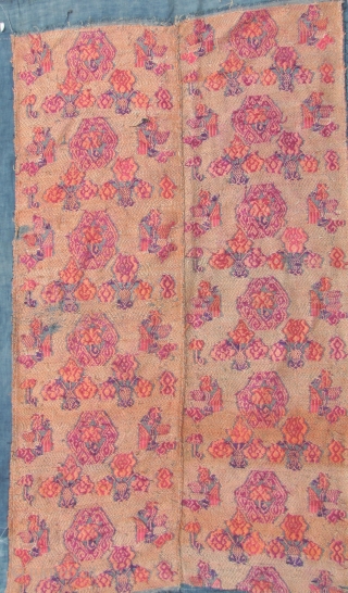 Chinese: Fine old silk brocade supplementary weft embroidered on cotton backing from the Mulao ethnic group, from Guizhou or Guangxi Zhuang, circa early 20th CE with phoenix and floral pattern. L: 109cm/42in  ...