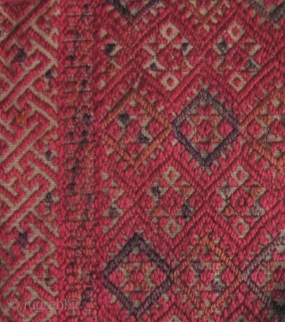 Zhuang Child’s Blanket: Beautiful old Zhuang minority textile from Guangxi Zhuang/Guizhou province, China. Woven in two panels with silk embroidered “diamond and star” patterned border. There are small repairs noted in enlargement  ...