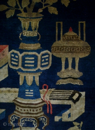 China: Exceptionally fine Chinese scholar's wall carpet woven in Baotou, Inner Mongolia with “honor and riches” design, circa 1920. Please note the detailed and precise weaving of the depicted objects. There is  ...