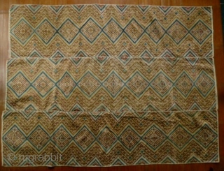 Fine old Bouyi, a.k.a. Bouyei and Buyi, supplementary warp embroidered, three paneled wedding blanket circa 50 to 80 years old. Excellent condition. Hand spun silk floss embroidered classic Bouyi diamond pattern on  ...