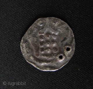 Thai Hilltribe Jewelry: Beautiful circa 600CE to 700CE Pyu coins. The larger coin has a srivatsa (temple), on one side and celestial symbol and rising sun, on the other- 1/2 unit sterling  ...