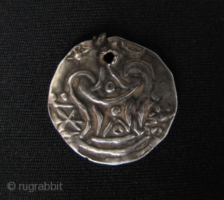 Thai Hilltribe Jewelry: Beautiful circa 600CE to 700CE Pyu coins. The larger coin has a srivatsa (temple), on one side and celestial symbol and rising sun, on the other- 1/2 unit sterling  ...