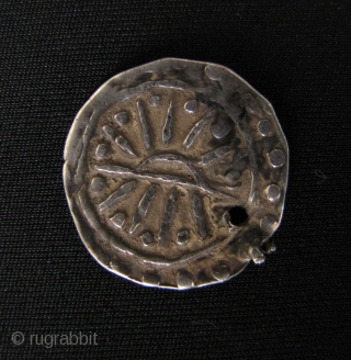 Thai Hilltribe Jewelry: Beautiful circa 600CE to 700CE Pyu coins. The larger coin has a srivatsa (temple), on one side and celestial symbol and rising sun, on the other- 1/2 unit sterling  ...