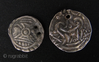 Thai Hilltribe Jewelry: Beautiful circa 600CE to 700CE Pyu coins. The larger coin has a srivatsa (temple), on one side and celestial symbol and rising sun, on the other- 1/2 unit sterling  ...