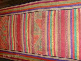 outstanding mosquito net border fine silk supplementary weft on a silk background, highly ornamented with stylized animals figures and variety of designs, edging is striped cotton. Excellent condition. 


Lao Tai.


Minority group Laos, Vietnam,  ...