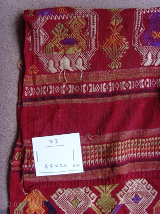 Tai Lue weaving, cotton supplementary weft with silk embroideries.


Tai Lue.


Minority group Laos and Thailand.


Seconed Quarter 20th Century.


0.87 X 0.24 CM
             