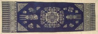 Cross Stitch Silk Embroidery on indigo hand span cotton, on an ivory hemp.   1.27 x 0.58 M.    Zhuang, China.   Late 19th Century.


    