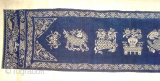 Rare Zhuang Cross Stitch Silk Embroidery on indigo hand span cotton on an ivory hemp.  1.56 x 0.48 M.  Zhuang Minority group China
.   late19th Century.   
 