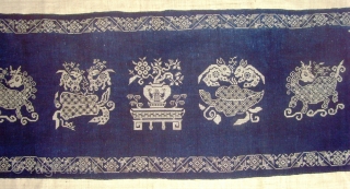 Rare Zhuang Cross Stitch Silk Embroidery on indigo hand span cotton on an ivory hemp.  1.56 x 0.48 M.  Zhuang Minority group China
.   late19th Century.   
 