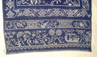 Rare Zhuang Cross Stitch Silk Embroidery on indigo hand span cotton on an ivory hemp.  1.56 x 0.48 M.  Zhuang Minority group China
.   late19th Century.   
 