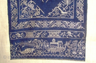 Rare Zhuang Cross Stitch Silk Embroidery on indigo hand span cotton on an ivory hemp.  1.56 x 0.48 M.  Zhuang Minority group China
.   late19th Century.   
 