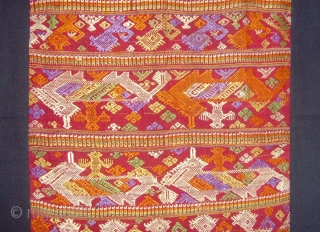 Tai Daeng weaving, Silk supplementary weft with silk embroideries.    1.04 x 0.64 M.   Tai Daeng Minority group Laos and Thailand.

late19th Century.       