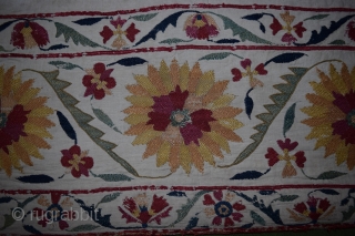 Very Old Nurata (Bukhara Region) Suzani - mid 19th Century. Old Natural Colours. 
Peacock Design. Original professionally done backing, cotton inside.
Size proportion is great, usually Nurata suzanis are longer. 

www.akbargallery.com   