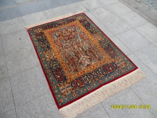 Antique Original Anatolian Hereke Silk Prayer Carpet With Silvers Metals size:145x110 cm.                     