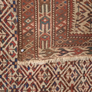 Unusual and rare Yomut Turkmen prayer rug. Circum-Caspian zone, most probably Ogurjali work (traditional for the tribe irregularities, colouring, set of borders, etc.), although with definite traces of 'foreign intrusions' for the  ...