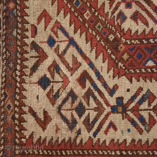 Unusual and rare Yomut Turkmen prayer rug. Circum-Caspian zone, most probably Ogurjali work (traditional for the tribe irregularities, colouring, set of borders, etc.), although with definite traces of 'foreign intrusions' for the  ...