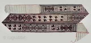 Complete Turkmen tent band with wedding caravan. Central Asia early 20th c. Finely woven in wool with silk highlights and measuring 40 x 1260 cm. this tent band is full of animals  ...
