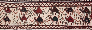 Complete Turkmen tent band with wedding caravan. Central Asia early 20th c. Finely woven in wool with silk highlights and measuring 40 x 1260 cm. this tent band is full of animals  ...