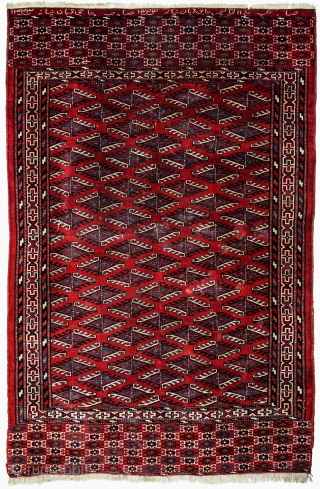 Inscribed and dated Göklan Yomut, West Turkestan 154x104 cm.
A late example with synthetic dyes and conservation problems, but very elegant and rare because of its inscription that says: " this small rug  ...