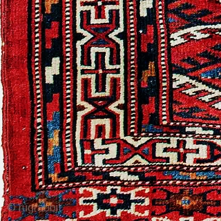 Inscribed and dated Göklan Yomut, West Turkestan 154x104 cm.
A late example with synthetic dyes and conservation problems, but very elegant and rare because of its inscription that says: " this small rug  ...