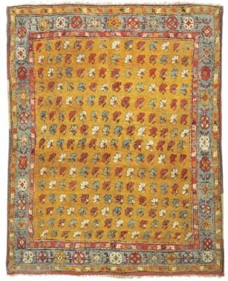 Yatak with stylised carnations
Çal area, Menderes Valley
Southwest Anatolia
circa 1830
191 x 160 cm (6’3” x 5’3”) 
Alg 1244
symmetrically knotted wool pile on cotton warps and wool wefts. 
From the Turkish word for ‘bed’,  ...