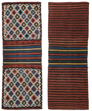 Kilim saddlebag, Qarabagh area, Central Transcaucasia, circa 1880, 64 x 160 cm (25 x 63 inches) Part of our current online exhibition
https://www.albertolevi.com/exhibitions/from-eurasia-with-love/

The infinite repeat pattern of hexagonal devices with a sawtooth outline  ...