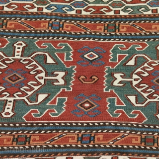 Sumak bedding bag end panel, Qarabagh area, Central Transcaucasia, circa 1870, 60 x 63 cm (23.5 x 25 inches)
Part of our current online exhibition https://www.albertolevi.com/exhibitions/from-eurasia-with-love/

Here we have two boldly drawn devices of  ...