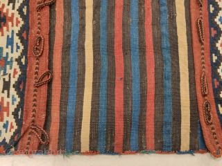 Kilim saddlebag, Qarabagh area, Central Transcaucasia, circa 1880, 64 x 160 cm (25 x 63 inches) Part of our current online exhibition
https://www.albertolevi.com/exhibitions/from-eurasia-with-love/

The infinite repeat pattern of hexagonal devices with a sawtooth outline  ...