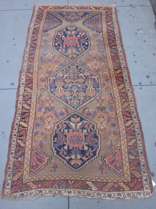 Antique Bidjar measuring 9.2 x 4.3 from late 19th century.Solid rug with general even wear.No dry or hard spots.One end guard border has unraveled and there is one old repair on the  ...