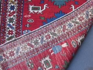 Perpedil Shirvan Rug circa 1920 , 3.1 x 2
 This rare miniature rug exudes cuteness.The two figures holding flowers,the six ivory birds characteristic of larger Perpedil rugs,the alternating light blue and kelly  ...