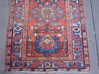 Antique Heriz Small Rug , 4.3 x 2.9 . Early 20th Century
This small rug with all natural dyes displays two giant blue palmettes above and below a central rosette,on a madder red  ...