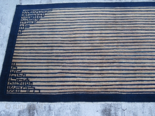 Antique Peking Chinese , Early 20th Century ,3.10 x 7.4
This unusual short warp Chinese rug has a field pattern of horizontal stripes with particular emphasis on dark blue.These lines pass under the  ...