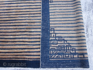 Antique Peking Chinese , Early 20th Century ,3.10 x 7.4
This unusual short warp Chinese rug has a field pattern of horizontal stripes with particular emphasis on dark blue.These lines pass under the  ...