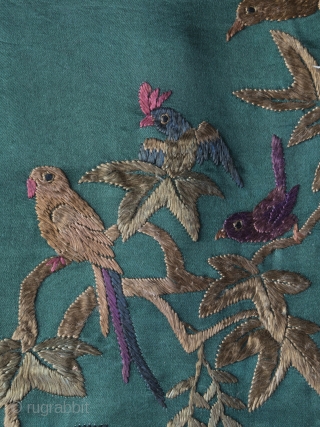 Unusual Chinese "100 birds" silk embroidery dating to late 19th century. The execution is charming and playful in a way we haven't seen on any other examples and the green ground is  ...