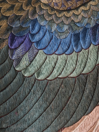 Superb Matching Pair Meiji Peacock Embroideries

A very rare and exceptional pair of Japanese silk wall hangings, circa 1890.  Aprox 122cm x 276cm each. (48 x 108 inches)

The design, of three peacocks among  ...