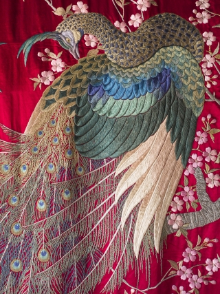 Superb Matching Pair Meiji Peacock Embroideries

A very rare and exceptional pair of Japanese silk wall hangings, circa 1890.  Aprox 122cm x 276cm each. (48 x 108 inches)

The design, of three peacocks among  ...